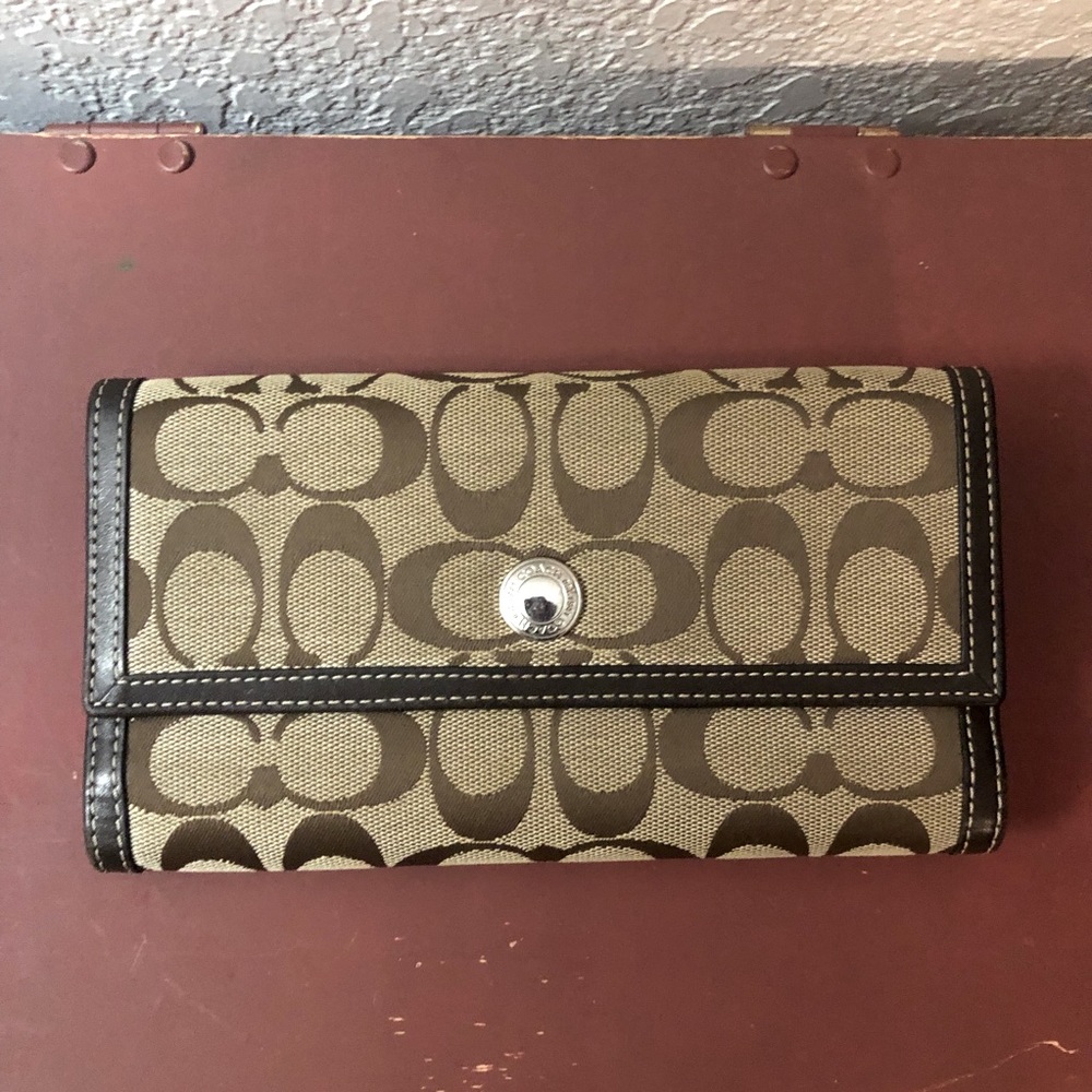 COACH Signature Jacquard With Leather Trim Tri Fold Wallet - Snap Closure